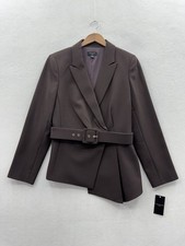 Tahari Women s 12 Brown Asymmetrical Belted Blazer NWT