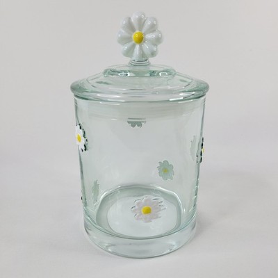 Spring Daisy Icon Clear Glass Canister White Yellow Flower Treat Jar Easter 21oz