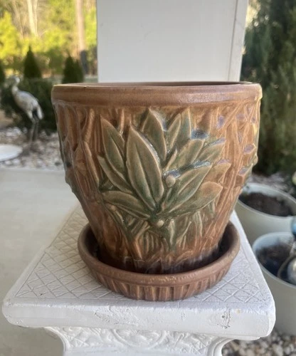 1930’s McCOY Brown Green TWIGS & LEAVES Flower Pot & Saucer Vintage Planter Wear