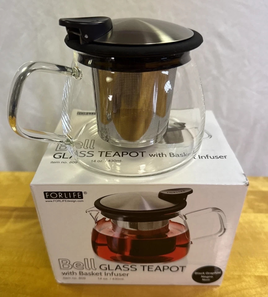 FORLIFE Bell Glass Teapot with Basket Infuser 14 OZ / 430 ML Black Graphite NEW - Image 4 of 4