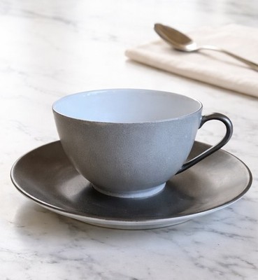 Peint Main Limoges France Sandrine Ganem Paris Designer Gray TeaCup Saucer Set 