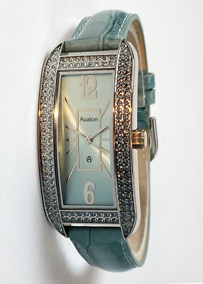 Avalon Women Silver-Tone Iceland Tank Watch Light Blue Sapphire Crystal 8615IBU