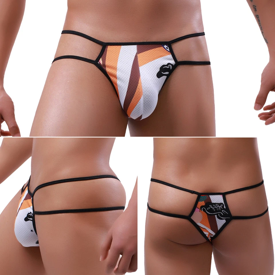 Men's Mesh Sexy Thongs Underwear Colorful Print G-strings T-back Underpants M-XL - Image 3 of 4