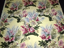Vtg 50s Cohama Hand Print Fabric Satin Ribbed Texture Aloha Floral 50" x 2.25yds