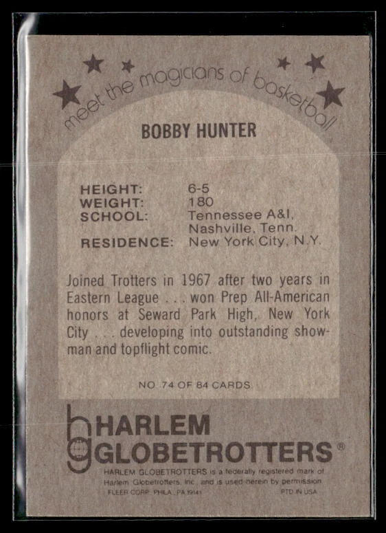 1971 Fleer Harlem Globetrotters #74 Bobby Hunter VG/G - Image 2 of 2