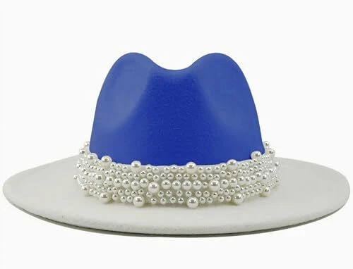 Sombreros de Fieltro Panamá Clásicos Ala Ancha Fedoras Vestido Sombrero Talla Única Blanco+Azul Real Foto 2 de 2