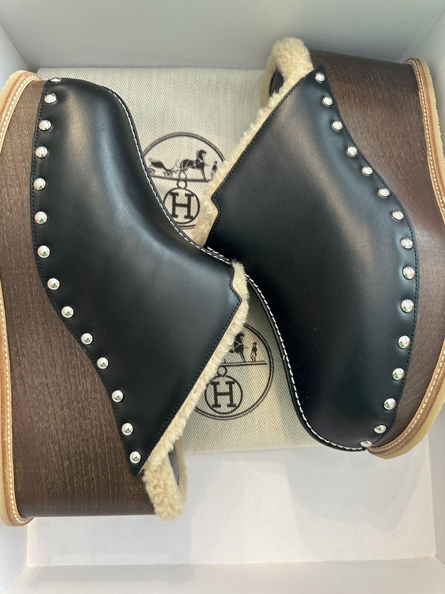 Hermes Black Leather Earth Mules with Shearling size 39 | eBay