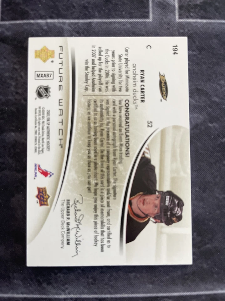 2007-08 SP Authentic Future Watch Auto 194 Ryan Carter Anaheim Ducks  - Image 2 of 2