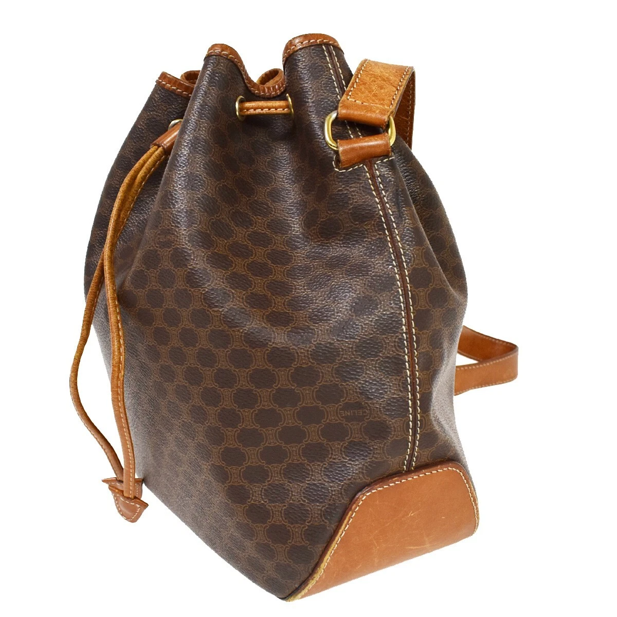 CELINE Macadam Pattern Drawstring Shoulder Bag PVC Leather Brown