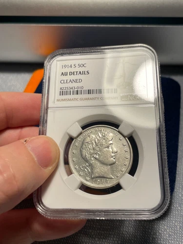 (#101519) Barber Half Dollar: 1914 S  NGC AU det. Great detail remains (see vid)