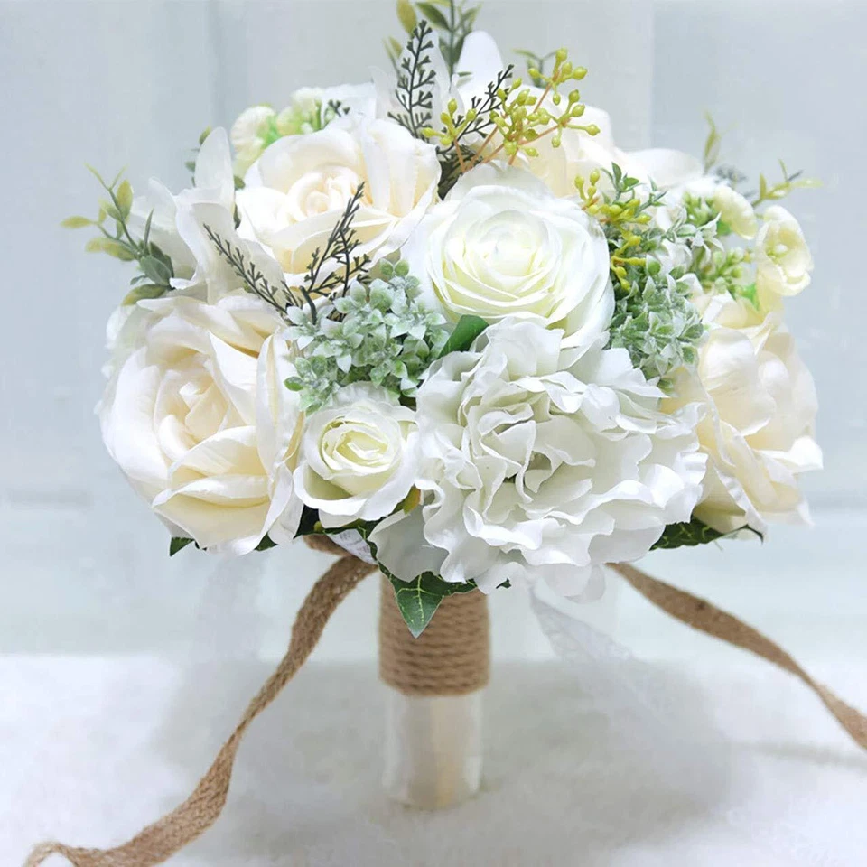 9.8" Bridal Holding Wedding Bouquet Real-Looking Mixed Flowers Ivory Greenery... - Image 3 of 4