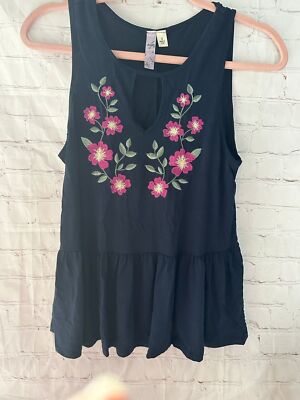 Alya Navy Blue Floral Pink Embroidered Peplum Tank Top S