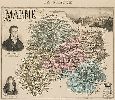 ALTE ILLUSTRIERTE MARNE KARTE CHAMPAGNER ARDENNEN REIMS VUILLEMIN 19. Jh.  