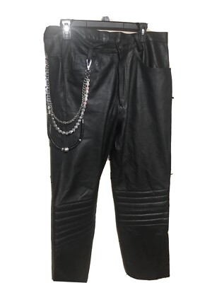 Echtes Leder Black Leather Motorcycle Pants with Chain Size:34