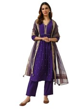 Women's Purple Chanderi A-line Kurta with Pant and Dupatta
