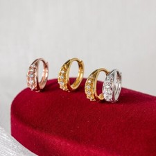 Women Real s925 Sterling Silver CZ Sparkling Huggie Hoop Earring Stud