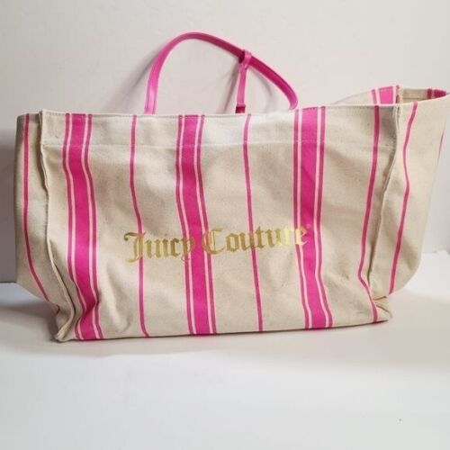 Y2K 2000s Juicy Couture Barbiecore Pink Striped Tote Bag Purse Work Bag Beach