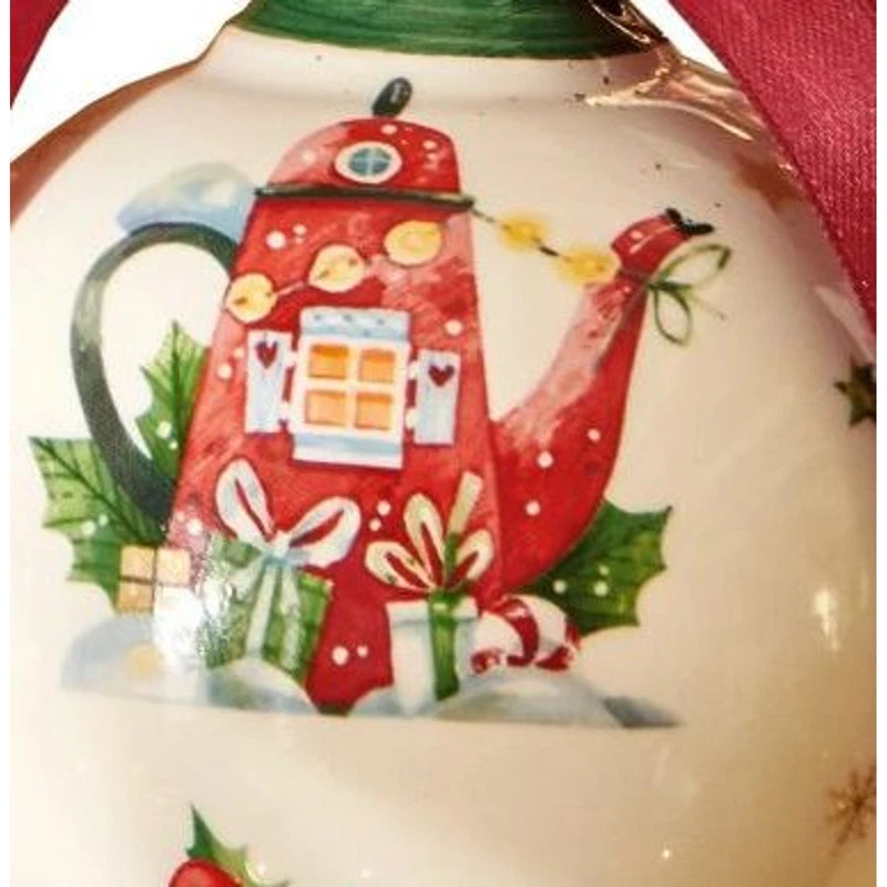 Palla di Natale Ceramica BRANDANI Teiera Decorazione Albero 10 cm Fiocco Raso, fotografia 7 di 9