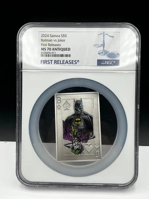 2024 Samoa $5 Batman vs Joker First Releases MS70 ANTIQUED 750 minted worldwide - Image 1 of 4