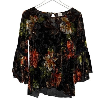Cupio Velvet Burnout Blouse Top M Dark Floral Flare Sleeve Whimsygoth 90s Y2K