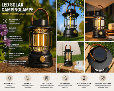 LED Solar Campinglampe Laterne USB-C dimmbar wiederaufladbar Outdoor Notfall