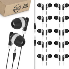Bulk Earbuds 100 Pack | Basic Ear Bud, Black Dot In-Ear Earphones, Disposable He