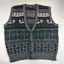 Vtg Impact Cardigan Vest Mens XL Leather Patch Nordic Fair Isle Sweater Y2K 80s