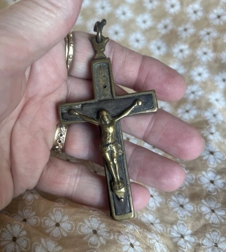 French Antique 3½” Reliquary Crucifix Brass 1800s Pectoral Cross Locket Opens