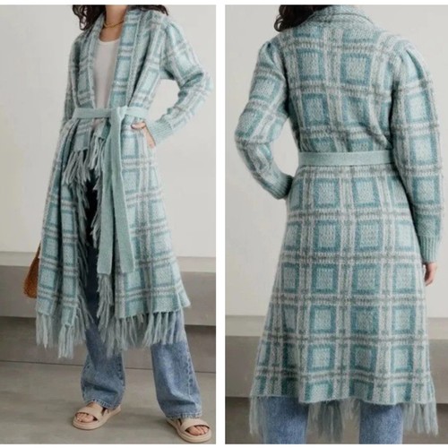 LOVESHACKFANCY Avie Duster Belted Fringe Cardigan Sky Plaid Blue Sz M/L $598