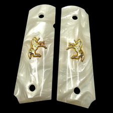 Colt 1911 Grips White Pearl 24K Gold Plated Horse Emblem Commander Full Size
