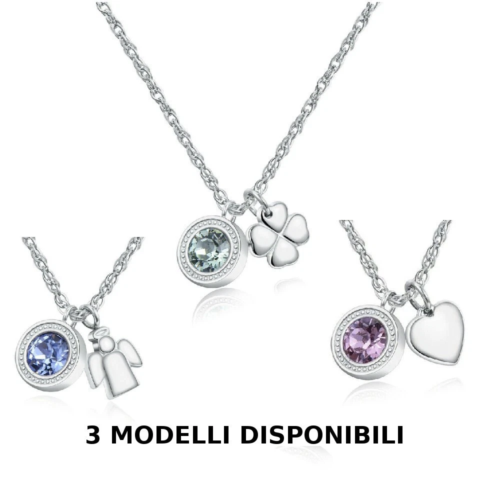 Sagapò Collana Donna Acciaio con Cuore Quadrifoglio Angelo Girocollo e cristallo - Immagine 2 di 3