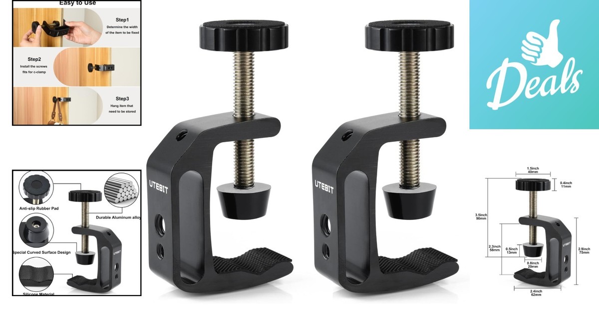2-Pack Stainless Steel Desk Mount Clamps – Heavy-Duty C-Clamps For Woodworking, Tables, And Workshop Fixtures, Silver Tone