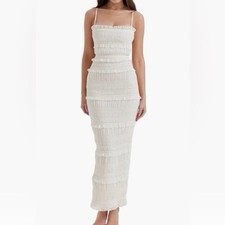 HOUSE OF CB Ivory Mesh Ruffle Bodycon Midi Dress Spaghetti Strap Zip Size L