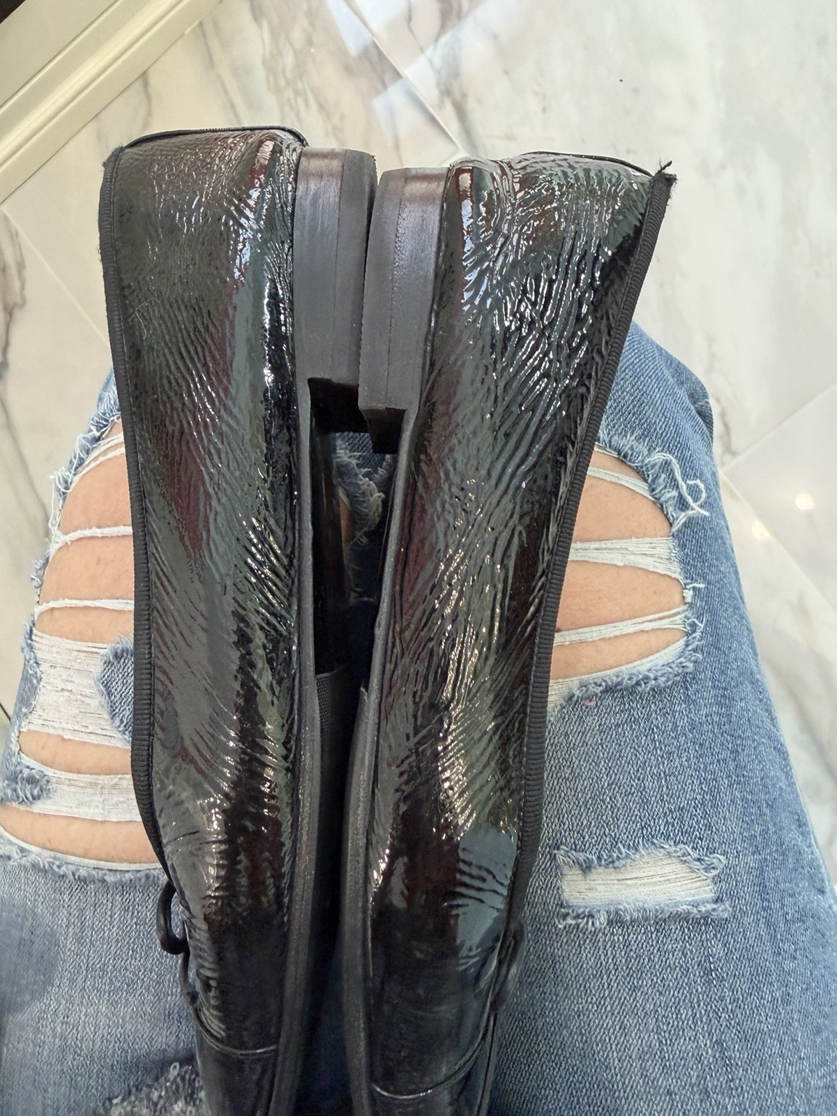 Chanel CC Cap Toe Ballet Flats Black Calf Patent Leather Size EU 38.5 thumbnail 9