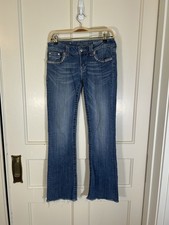 Miss Me Boot Cut Frayed Hem Jeans Womens Size 27 Blue Bling Rhinestone Cowgirl