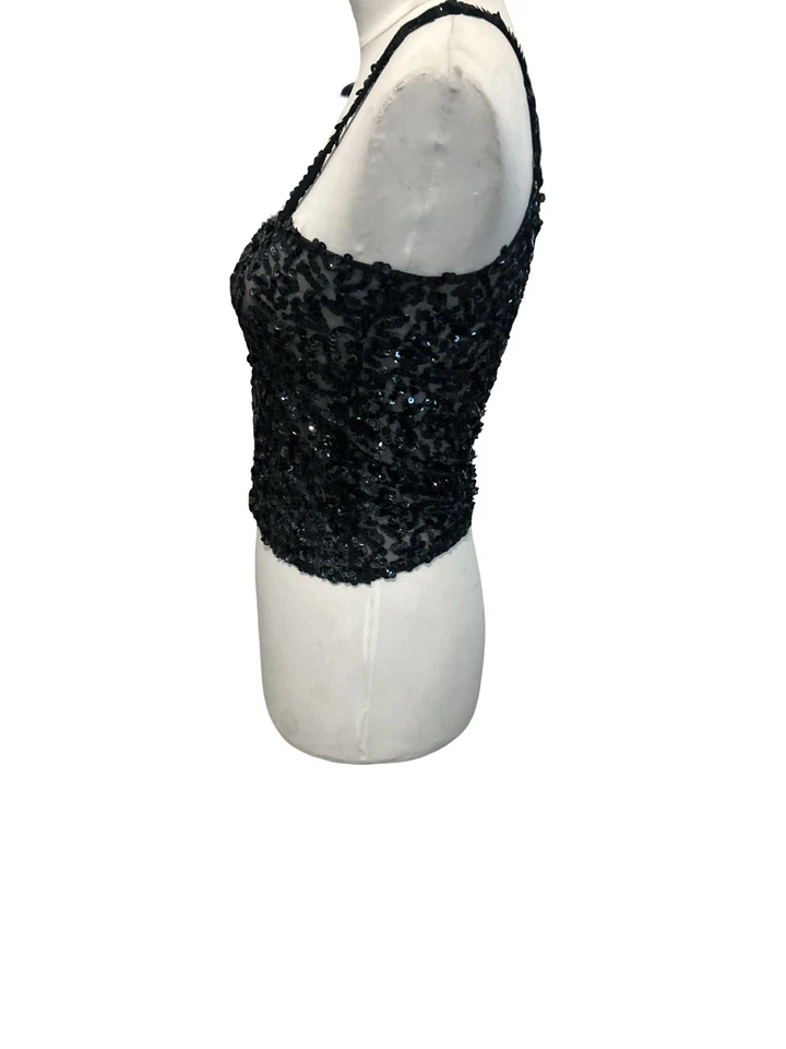 Camisa feminina vintage cropped miçangas de lantejoulas tamanho pequeno alças preta - Imagem 4 de 4