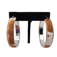 Western Cow Print Hoop Earrings Silver Tone Snap Lever Closure Rodeo Cowboy