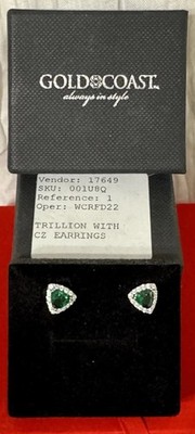 Gold Coast Trillion Green Cubic Zirconia Stud Earrings Platinum Plated New w/Box