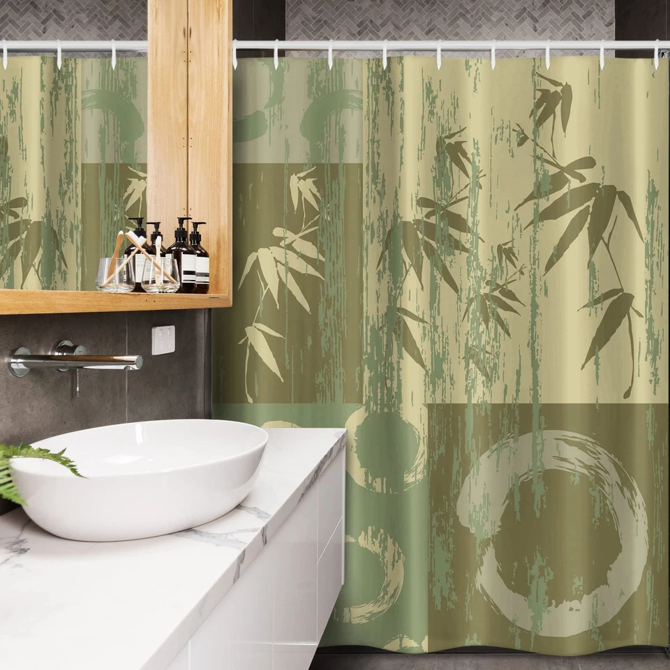 Cortina de ducha de puesto temática asiática, círculo y silueta de rama sobre vintage... Foto 3 de 4