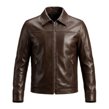 Men's Brown Lambskin Leather Biker Jacket Shirt Collar Zipper Front Casual Coat