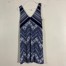 Three Pink Hearts Dress Women Medium Blue Boho Chevron V-Neck Mini
