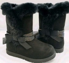 New Faux Suede  Fur Lined Winter Boots Girls Size 10 Black Rhinestone Bow NWT