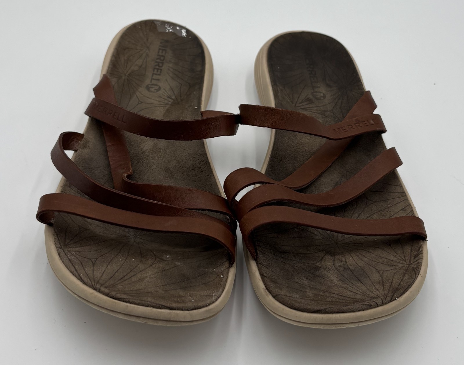 Merrell Duskair Seaway sandali donna slide punta aperta pelle rovere marrone TG 10