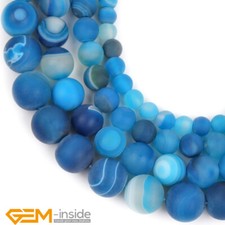 Blue Banded Agate Natural Stones Matte Round Beads For Jewellery Making 15" AU