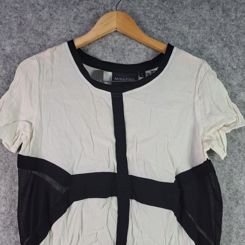 MINKPINK Shirt Womens Small White Black Round Neck Short Sleeve Top 5386 - Picture 8 of 11