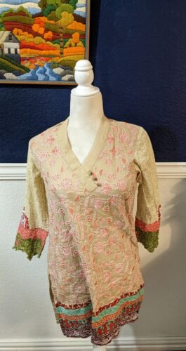 Beechtree Pakistan Shirt Kurti Kurta Brown Tan Embroidered Floral Sz 10 Medium