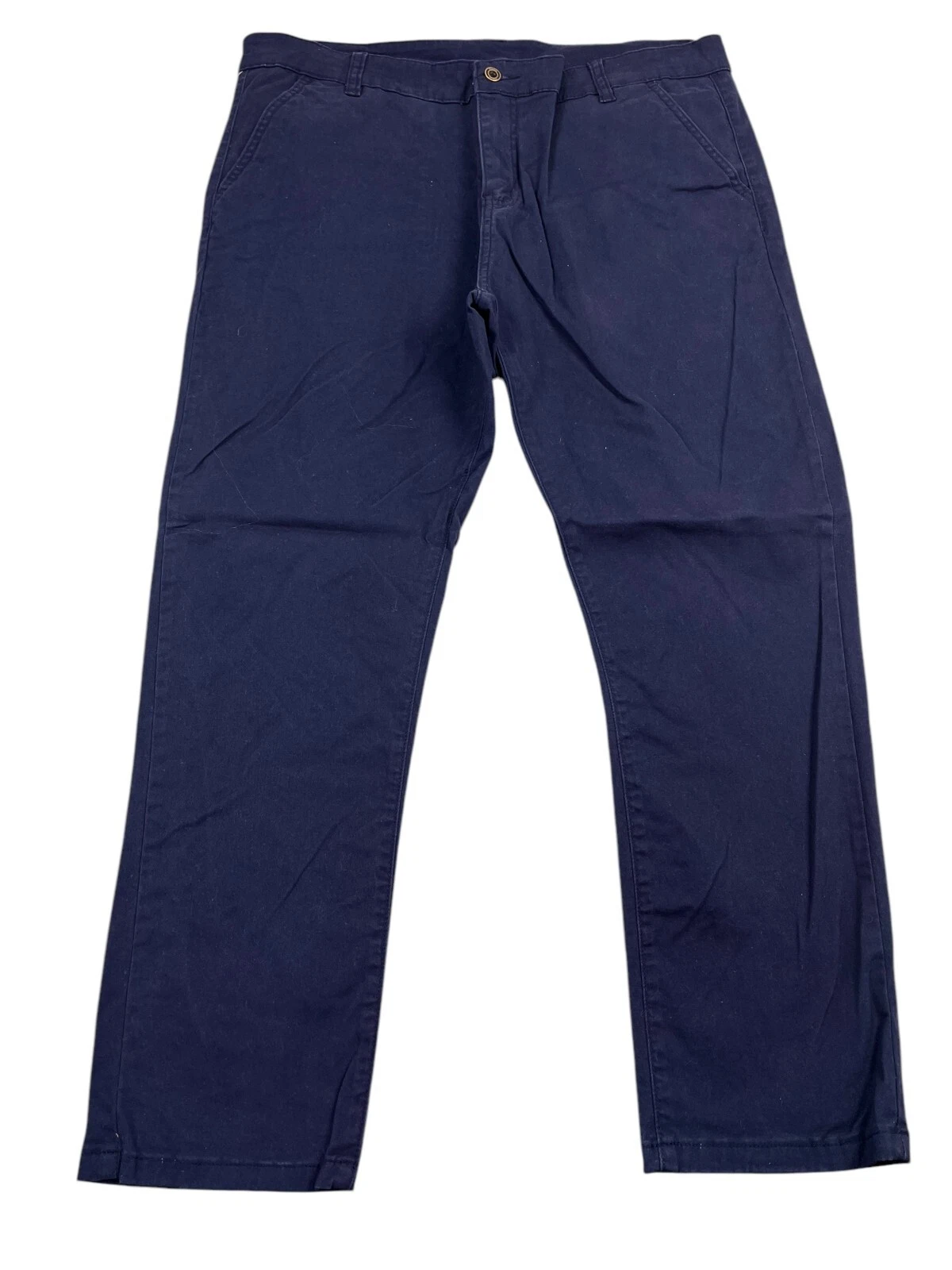 Plaid & Plain Chino Pants Men's 38x28 Blue Slash Pockets Flat Front Slim Fit