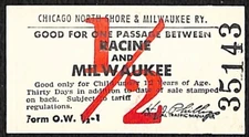 Chicago North Shore & Milwaukee RR Ticket 1/2 Fare Racine c1947-50's #35143