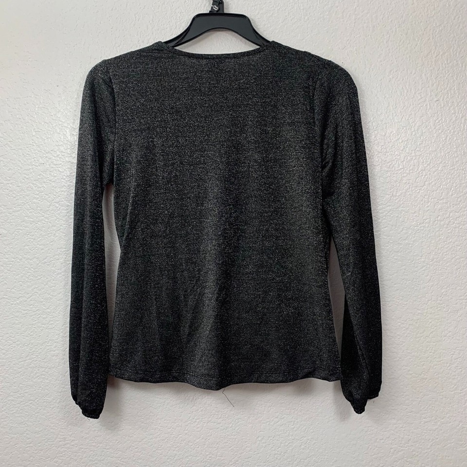 A New Day Women's Top Size S Black Metallic Surplice Long Sleeve Faux