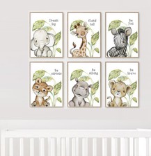 Nursery Decor Africa Leaf Quote Baby Animals Hippo Giraffe Zebra Prints Set of 6